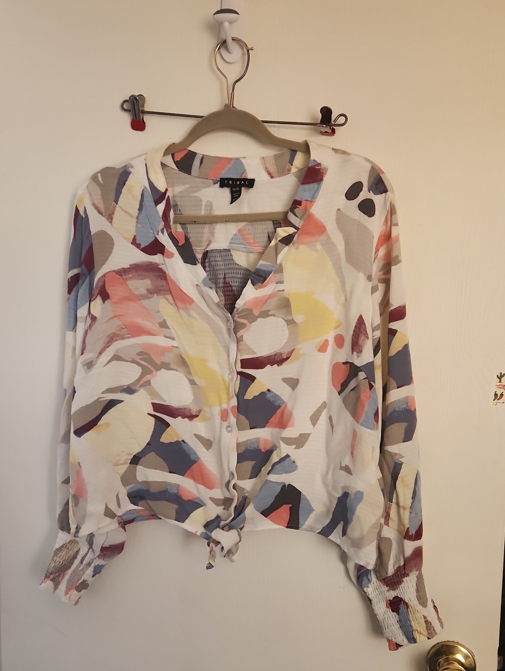 Tribal Abstract Multicolor Button-Front Tie-Hem Shirt